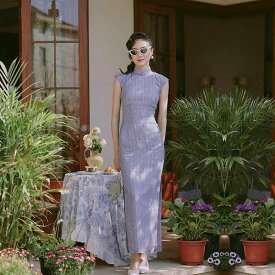 チャイナ ドレス レディース 春夏 サイド ジッパー付き ロング レトロ デイリー パープル ラミー おしゃれ