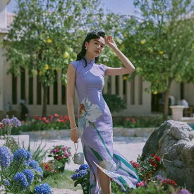 チャイナ ドレス レディース 春夏 サイドジッパー レトロ ラミー シンプル おしゃれ ノースリーブ ロング丈