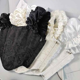コルセット ビスチェ アウター バフスリーブ オフショルダー 黒 白 半袖 トップス アウター仕様 ファスナー 後ろ調整 バックレス 着痩せ スリム 夏 スッキリ セクシー