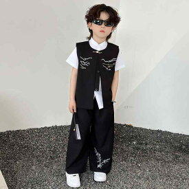 キッズ セットアップ 漢服 男の子 夏 子供 チャイナ風 唐装 民族 小学生 朗読 公演 衣装 エスニック 薄手 無地 グレー ブラック