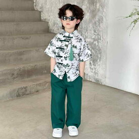 キッズ セットアップ チャイナ風 漢服 男の子 夏 子供 唐装 朗読 公演 衣装 伝統 エスニック イベント パフォーマンス 薄手 民族 竹柄