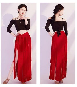 ベリー ダンス コスチューム 長袖 ショート丈 トップス ロング フリンジ スカート カジュアル エキゾチック パフォーマンス ステージ トレーニングウェア レディース 軽量 ソフト 練習着