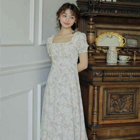 ガーデン ガール レトロ フレンチ レディース ドレス 田園風 花柄 レース ロマンティック スカート ワンピース