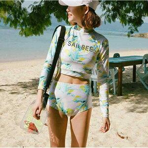 サーフスーツ 韓国 長袖 日焼け防止 セパレート コーデ一式 レモン柄 イエロー トロピカル 水着 女性用 シュノーケリング 速乾 ウェットスーツ サーフィン かわいい 旅行 海