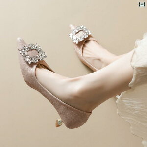 パンプス フランス 淑女 スクエアバックル ラインストーン スティレットシューズ 尖った 浅い口 華やか フェアリー 通勤 レディース シューズ 精巧 パーティー