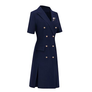 制服 ユニフォーム ワンピース スーツ襟 プリーツ Vネック ダブル ボタン 半袖 長袖 無地 Aライン フィット 夏 レディース 通勤 受付 フロント 落ち着き