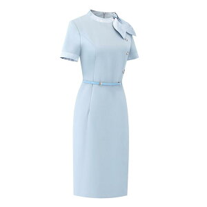 制服 ユニフォーム ワンピース リボン 縁取り 半袖 無地 ボタン フィット ボディライン 夏 レディース 受付 フロント クリニック サロン ショップ モダン