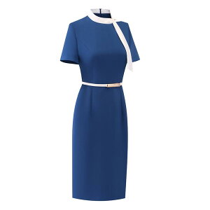 制服 ユニフォーム ワンピース 白襟 リボン 半袖 無地 フィット 夏 レディース コンパニオン 受付 フロント CA サロン ショップ イベント 接客 清潔感