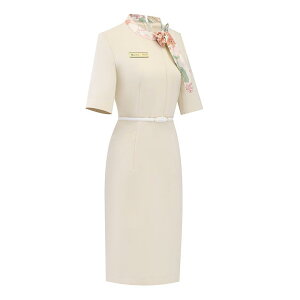 制服 ユニフォーム ワンピース 花柄リボン 半袖 無地 フィット ベージュ 水色 夏 レディース 受付 フロント クリニック サロン CA ショップ 接客 かわいい