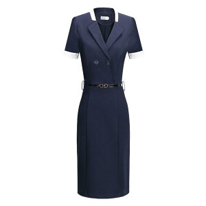 制服 ユニフォーム ワンピース 襟 Vネック 半袖 七分袖 縁取り フィット 紺 黒 夏 レディース OL 通勤 受付 フロント オフィス ショップ 接客 シンプル