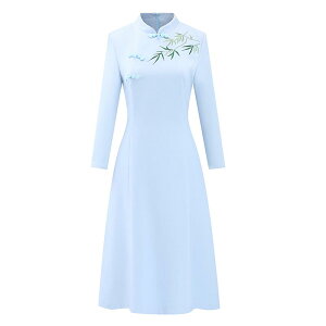 制服 ユニフォーム チャイナ風 ワンピース 立て襟 スタンドカラー Aライン 無地 長袖 水色 紺 夏 レディース 受付 フロント サロン ショップ 接客 清潔感