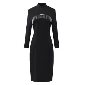 制服 ユニフォーム ワンピース スタンドカラー 無地 胸元デザイン フリンジ タッセル チェーン 長袖 黒 フィット ヒップライン レディース コンパニオン ホステス