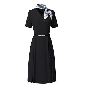 制服 ユニフォーム ワンピース Vネック 半袖 無地 フィット 夏 レディース OL 通勤 受付 フロント オフィスカジュアル ショップ 接客 上品 シンプル