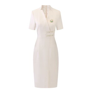 制服 ユニフォーム ワンピース チャイナドレス 立て襟 Vネック 半袖 七分袖 無地 白 夏 レディース 受付 フロント クリニック ショップ 接客 清潔感