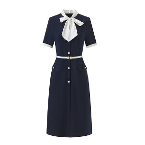 制服 ユニフォーム ワンピース 白襟 リボン 白縁 無地 半袖 フィット 夏 レディース お嬢様 通勤 通学 受付 フロント オフィス ショップ 接客 清楚 上品