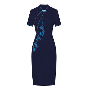 制服 ユニフォーム チャイナドレス ワンピース 立て襟 半袖 刺繍 無地 スリムフィット ボディライン 夏 レディース 受付 フロント サロン 接客 華やか