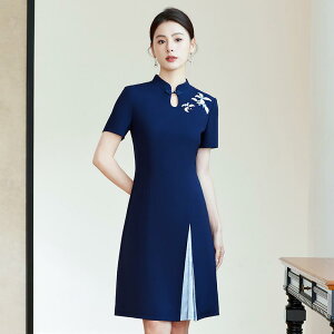 制服 ユニフォーム ワンピース チャイナドレス 立て襟 刺繍 中国服 半袖 袖丈 スリムフィット 夏 レディース 受付 フロント サロン 接客 高級感 伝統的