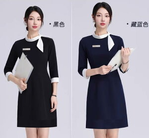 レディース ドレス ワンピース 黒 紺 半袖 七分袖 美容 サロン フロント デスク 高級店舗 宝石 ジュエリーショップ スタッフ 接客 膝上丈 白スカーフ襟 エレガント シック スタイリッシュ 上