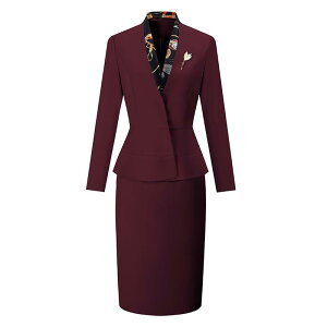 レディース スカートスーツ セットアップ 2点 ツーピース 赤茶 バーガンディレッド 長袖 上着 ノーカラー ノーボタン Vカット ウエストスリム ミドル丈 スカート ヒップスカート スカーフ エ