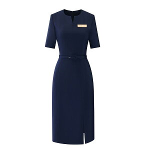 レディース ドレス ワンピース 半袖 ミディ丈 紺 ラウンドネック Vカット ウエストスリム ベルト 前スリット エレガント オフィススタイル スタッフ 制服 フォーマル 軽量 プロフェッショナ