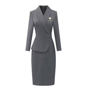 レディース ドレス 長袖 上着 グレー ミディ丈 ワンピース スーツスタイル Vネック ノーカラー ウエストスリム シンプル エグゼクティブ プロフェッショナル オフィス フォーマル ドレッシ
