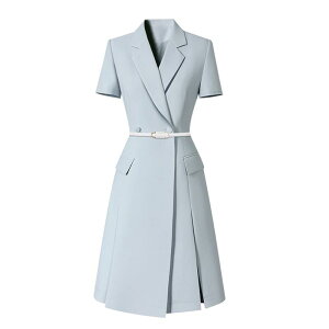 レディース ドレス 半袖 ワンピース ミディ丈 スーツカラー プリーツ ポケット 薄グレーブルー オフィス 制服 フォーマル シンプル 爽やか 清涼感 スタッフ 制服 上品 ビジネス エレガント