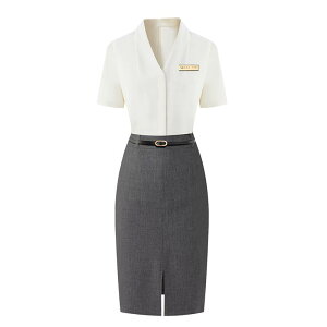 制服 ユニフォーム 半袖シャツ タイトスカート 上下セット スリット Vネック 無地 フィット 夏 レディース 受付 フロント ショップ サロン 接客 上品