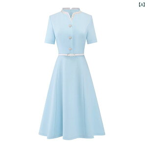 制服 ユニフォーム ワンピース フレアスカート Aライン 立て襟 Vネック 半袖 無地 ボタン 水色 夏 レディース 通勤 受付 フロント オフィス 清涼感