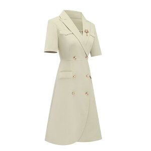 制服 ユニフォーム ワンピース スーツ襟 ダブル Vネック 金ボタン 半袖 無地 フィット 夏 レディース 通勤 受付 フロント オフィスカジュアル フェミニン