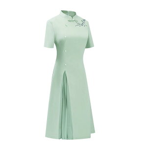 制服 ユニフォーム チャイナ風 ワンピース 詰襟 刺繍 プリーツ Aライン 半袖 長袖 無地 フィット ミント 夏 レディース コンパニオン 受付 フロント 高級感