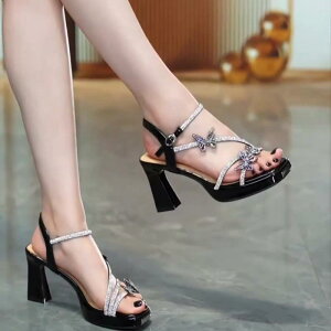 ラインストーン 立体蝶々装飾 厚底 スクエアトゥ サンダル レディース ハイヒール イブニング シューズ 安定性 ドレスシューズ セレブ フェミニン エレガント