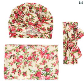 おくるみ 新生児 ベビー 赤ちゃん スワドル ブランケット かわいい花柄プリント 記念撮影 退院 出産祝い 帽子 キャップ ヘアバンド ターバン 3点セット
