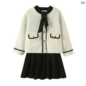 スカートセットアップ 女の子 キッズ ジュニア 韓国 上品 エレガント 親子コーデ ママとお揃い 高級感 ジャケット ツーピース 秋冬 オフホワイト 保温 あったか リボン 柔らかい ポリエステル