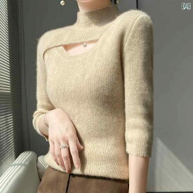 ニット レディース 秋冬 ハイネック 五分袖 スリムフィット プルオーバー フェイクレイヤード アクリル ポリエステル 混紡 大人カジュアル エレガント
