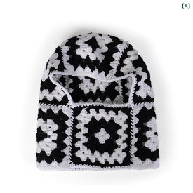 バラクラバ 手編み ニット帽 ハンドメイド レトロ 花柄 フード ネックウォーマー一体型 防寒 保温 あったか 首元カバー アクリル ブラック 秋冬 カジュアル 普段使い アウトドア 小顔効果