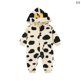 ロンパース ベビー 新生児 男の子 女の子 秋冬 裏起毛 厚手 暖かい 牛柄 ファスナー 韓国風 綿 コットン カバーオール つなぎ 防寒 部屋着 パジャマ 杏色 かわいい