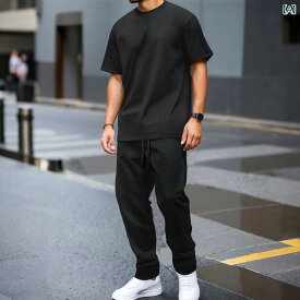 Tシャツ メンズ 男性用 トップス セットアップ 夏 サマー ヘビーウェイト 肉厚 無地 ジャカード クルーネック 丸首 半袖 ロングパンツ 長ズボン アウトドア カジュアル リラックス きれいめカジュアル