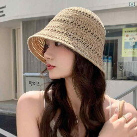 帽子 レディース 女性用 バケットハット バケハ 小顔効果 日焼け防止 UV対策 日よけ 通気性 韓国風 透かし編み メッシュ ニット 手編み ポリエステル ラウンドトップ つば広 春夏 ブラック ベージュ カーキ