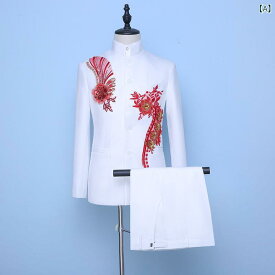 メンズフォーマルスーツ メンズ チャイナ風 立領 刺繍 デザイン スリムフィット シングル ブレスト ボタン ジャケット パンツ セット ビジネスユース 宴会パーティー 通年 化学繊維 アセテート混紡