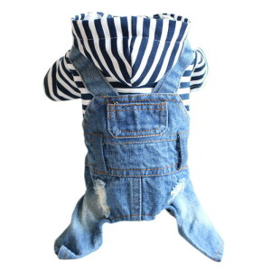 ボーダー チェック デニム カバーオール オーバーオール フード付き ダメージジーンズ つなぎ 春服 夏服 秋服 犬服 散歩 お散歩グッズ 可愛い ペット用品 ドッグ用品