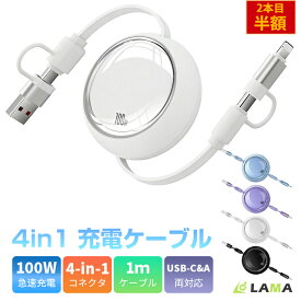 限定20%OFF！【PD100W&Type-C/USB変換アダプタ付】充電ケーブル タイプC 急速充電 巻き取り式 4in1 充電ケーブル iPhone充電ケーブル PD対応 データ転送 タイプc 充電 ケーブル 充電器 Type-C Lightningケーブル 5段階長さ調整 コンパクト収納 PC/IOS/Android 車用 出張 旅行