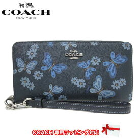 【1000円OFF 4/27 09:59迄】コーチ 財布 長財布 COACH ラブリー バタフライ プリント ロング ジップ アラウンド ウォレット ストラップ付き CH718 SVEFH(ミッドナイトネイビーマルチ)アウトレット レディース 送料無料