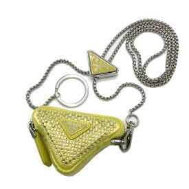 プラダ ポーチ PRADA サテン 三角プレートロゴ ミニポーチ ウィズ クリスタル(ラインストーン) チェーンネックストラップ キーリング 1TT147 CRYSTAL (金具：シルバー系) アウトレット レディース 送料無料