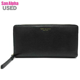 【中古（SAランク）】 トリーバーチ 財布 長財布 TORY BURCH レザー プリントロゴ ラウンドジップ (ブラック) レディース 美品 送料無料