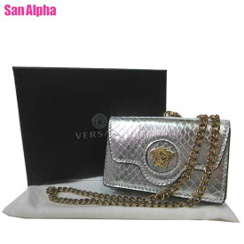 【1000円OFF 4/27 09:59迄】ヴェルサーチェ 財布 三つ折り財布(小銭入れあり) VERSACE メドゥーサ ロゴ パイソン調レザー チェーンネックストラップ ミニ財布 1003085 (シルバー) アウトレット レディース 送料無料