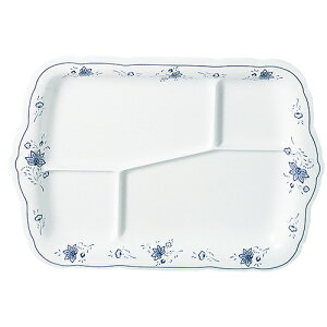 メラミン洋皿 ビューティーフラワー 角皿 16.8インチ A仕切付 (BF-27) 角皿 スクエア 洋食器 盛り皿 洋風 ホワイト レリーフ 花柄 フラワー ボタニカル ホワイト×ブルー 軽い 器 業務用 メラミン