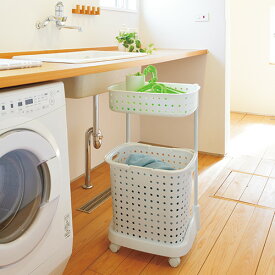 【他商品同梱不可】レクエア ランドリーバスケット2段 ホワイト (0328106) 脱衣かご 洗濯かご 風呂場 キャスター付 簡易物干し 室内【日本製】