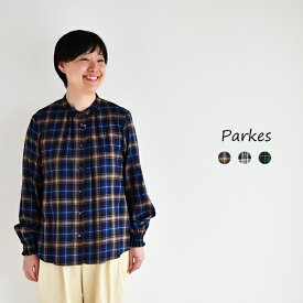 【SALE 20%OFF】Parkes 60/-ツイルチェックスタンドカラーシャーリング袖ブラウス