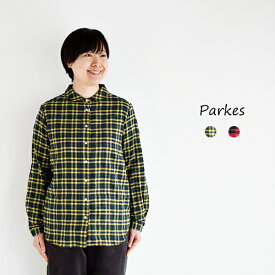 Parkes Puシャーリングチェックプラストワッシャーフラット風ワイドカラーシャツ