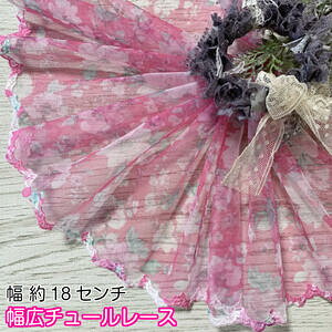 幅広チュールレース 1m単位 幅広い ピンク 光沢 チュールレース 生地 レース 花柄 花模様 素材 装飾 材料 衣装 ドレス ドール服 子ども服 ハンドメイドバッグ カフェカーテン ナチュラル雑貨